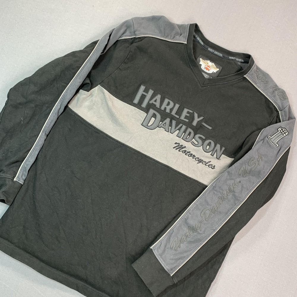 Harley-Davidson Shirt Mens Large Black Long Sleeve V Neck Motorcycle Tee Biker